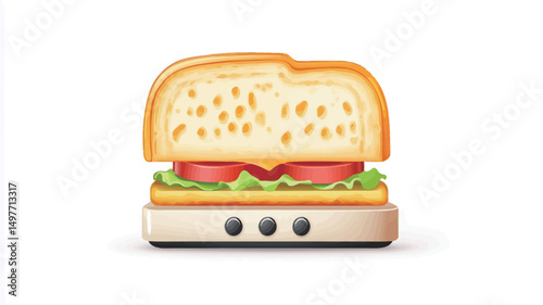 A digital illustration of a simplified toasted sandwich icon. The image features a stylized representation of a sandwich composed of two slices of golden-brown bread, a layer of red tomato slices,.