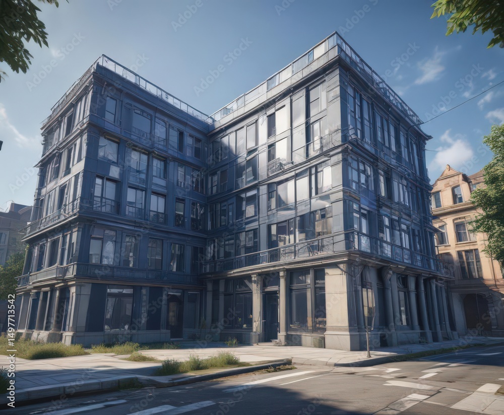 Fototapeta premium Stylized blueprint overlay enhances image with architectural feel , monochrome, cyanotype, sketch