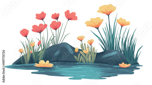 A digital illustration depicting a cluster of vibrant red and yellow flowers nestled amongst dark teal rocks and lush green grass beside a small pool of turquoise water. The flowers exhibit a.