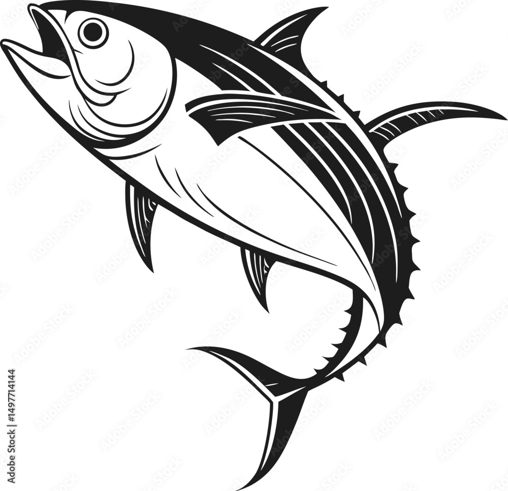 Fototapeta premium Tuna Fish Silhouette Design for Printing and Digital Use. High Quality Tuna Fish Silhouette in Black and White. Minimalist Tuna Fish Silhouette for Logo and Art