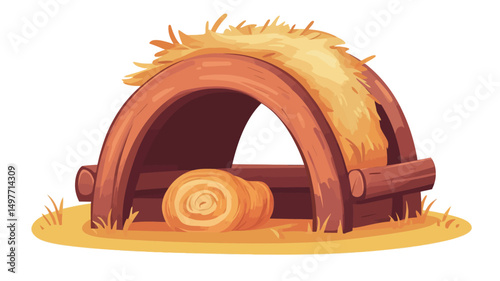 A digital illustration depicts a rustic, arched hay shelter constructed from dark brown wood. The shelter is topped with a layer of light golden hay. Inside, a neatly rolled hay bale is visible.
