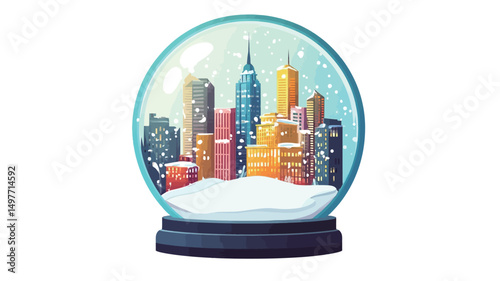 A digital illustration depicting a snow globe containing a stylized cityscape. The globe is rendered in a cartoonish style with vibrant, saturated colors. Buildings are simplified, yet distinct.