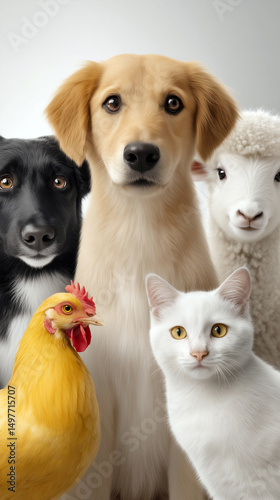 Group of domestic animals including dogs, cat, sheep and chicken looking directly at the camera on a white background. 
