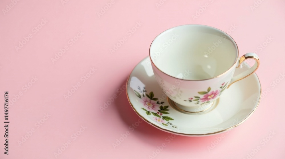 Fototapeta premium Elegant floral teacup and saucer on pink background, perfect for afternoon tea or a delicate feminine aesthetic.