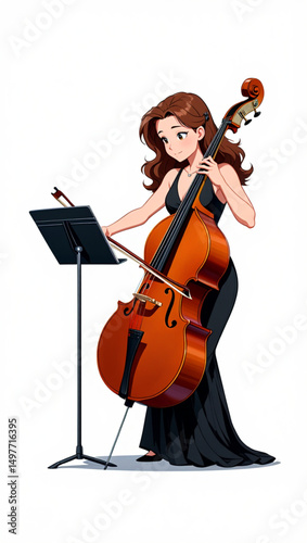 Talented Woman Classical Musician Playing Contrabass Vector Illustration