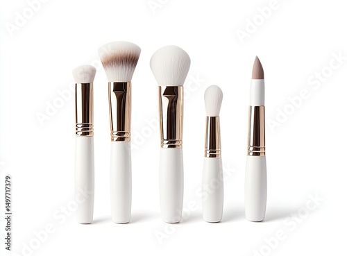 Five white makeup brushes with gold accents isolated on white background. photo