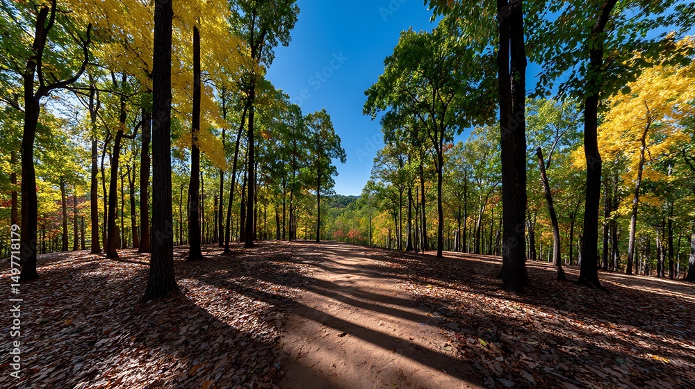 Fototapeta premium Autumn Pathway Sunlit Forest Trail in Fall Colors.