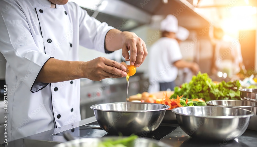Chef skillfully preparing gourmet dishes in a busy restaurant kitchen surrounded by fresh ingredients and cooking tools Chef skillfully preparing gourmet dishes in a busy restaurant kitchen surrounded by fresh ingredients and cooking tools
