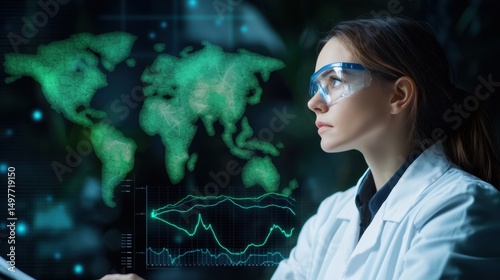Scientist Analyzing Wildlife Tracking Data on Digital Display in Laboratory Environment with Global Map