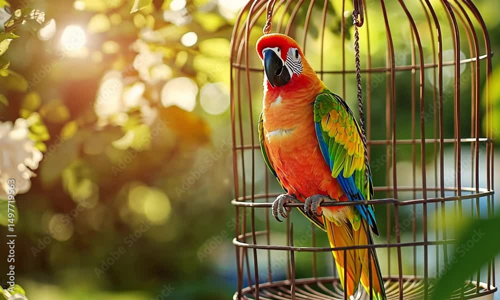 Vibrant Sun Conure Parrot in a Birdcage Amidst Blooming Spring Flowers