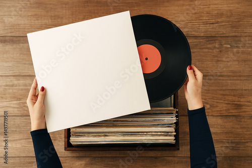 Hands Holding Vinyl Record with Blank Cover Above Wooden Table – Retro Music Collection Concept