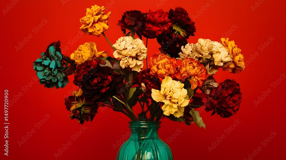 Obraz premium Vibrant Dried Flower Bouquet in Teal Vase Red Background