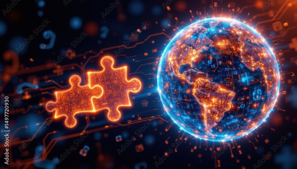 Obraz premium create a digital illustration featuring a group of glowing puzzle pieces ing together to form a digital globe