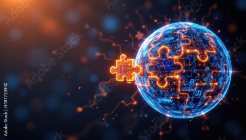 create a digital illustration featuring a group of glowing puzzle pieces ing together to form a digital globe