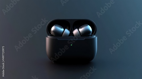 Airpods in a sleek, black charging case on a dark background. Modern tech.