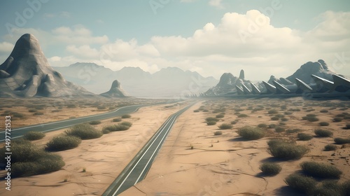 82. Futuristic desert highway vanishing into a time warp photo