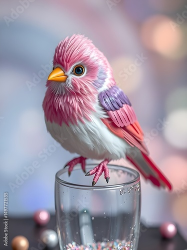 cute bird, iridescent, pastel, hyperrealistic, glass, glitter, rainbow colors, pink, purple, blue, gold accents, bokeh, out of focus background,  small decorative spheres,  soft lighting..