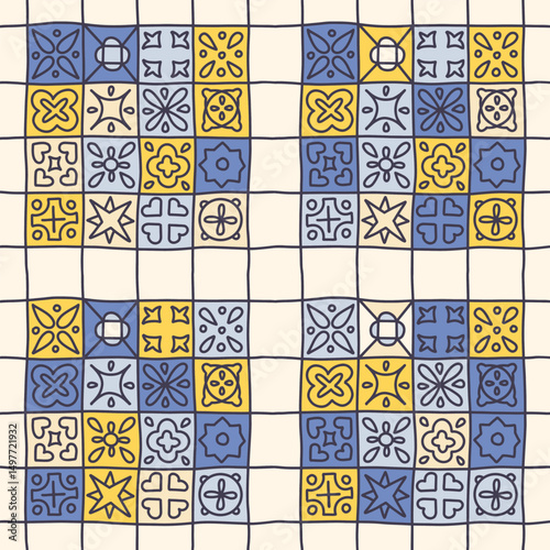 Doodle stylization of floor with original Sorrento tile seamless pattern. Portuguese, Sicilian, Spanish tile traditional design. Vector doodle linear illustration