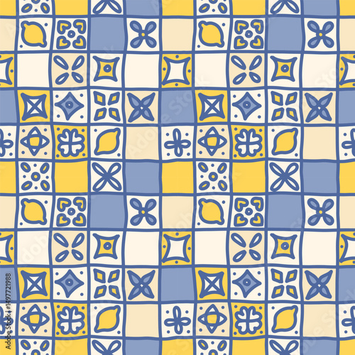 Doodle Mediterranean Amalfi Coast seamless pattern. Citrus on ceramic tile. Portuguese, Sicilian, Spanish tile traditional design. Backdrop for wrapping paper, fabric, textile. Vector illustration.