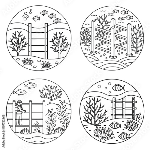 Line Art of Detailed Underwater Illustration of Coral Farming with Divers Planting Coral on Racks in Ocean Nursery