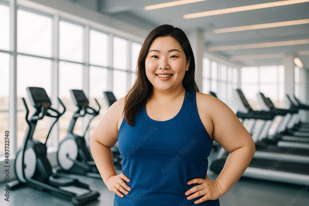 Fototapeta premium Confident Plus Size Asian Woman at Gym in Activewear – Fitness Motivation and Body Positivity Concept