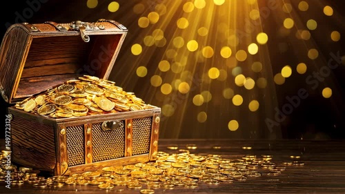 Illuminated Treasure Chest Full of Coins and Sparkling Light