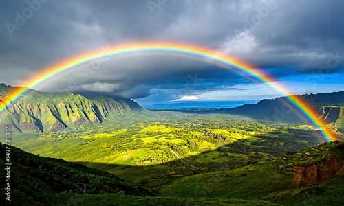 Majestic Double Rainbow Arcing Over Lush Green Valley and Mountains