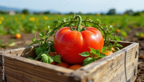 organic tomato in a wooden box on the field   horizontal orientation.