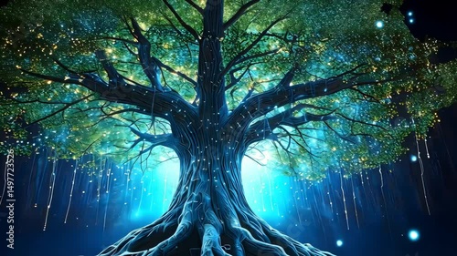 Enchanted Tree with Glowing Roots and Magical Blue Lights