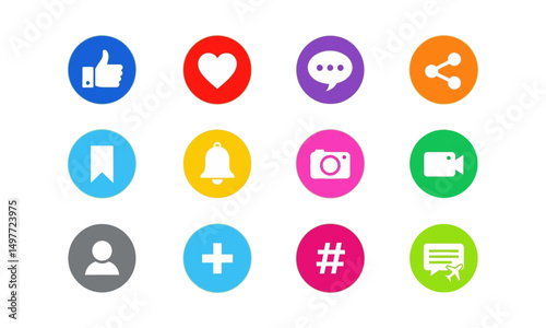 Social Media and UI Interface Icons Set. including like, heart, comment, share, bookmark, notification, camera, video, profile, add, hashtag, and chat.