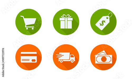 E-commerce and Online Shopping Icon Set.  a shopping cart, a gift, a price tag, a credit card, a delivery truck, and cash.