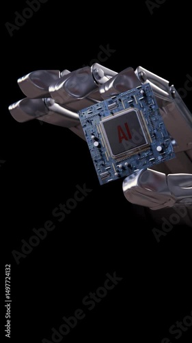 Future technologies. Robotic hand holds artificial intelligence processor and approaches camera. 3D modeling animation and render
