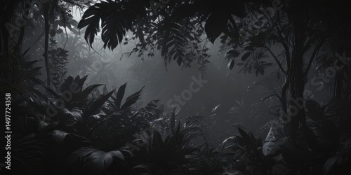 Intricate dark tropical leaves, vines, shadows on black Mysterious jungle scene , art, leaves, tropical