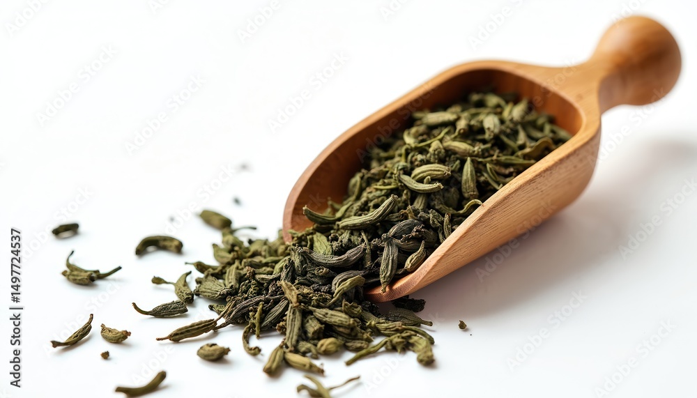Fototapeta premium Dry hojicha green tea in wood scoop isolated on white. Healthy drink, beverage, culture concept. Traditional asian tea ceremony, refreshment. Organic caffeine antioxidant rich tea.