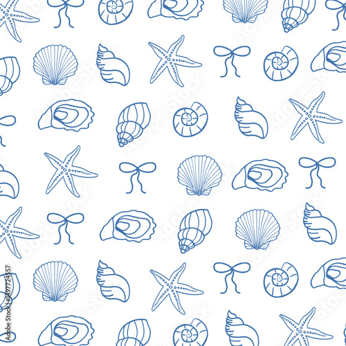 Seamless pattern with hand drawn seashells, starfish, and ribbons. Nautical coastal background. Marine wallpaper with ocean shells and bows. Vintage beach print