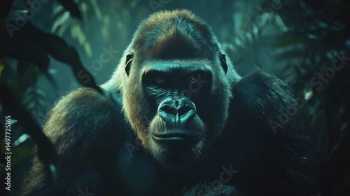 Powerful gorilla in dark jungle setting.