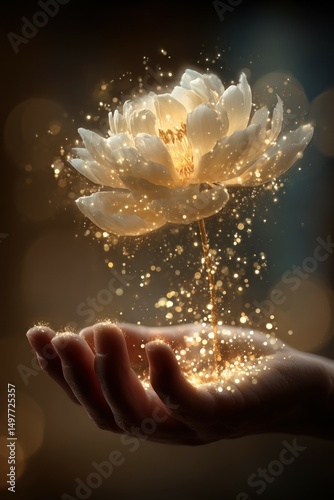 Enchanting lotus flower magic indoor garden digital art soft lighting close-up serenity and beauty