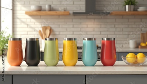 Colorful stainless steel tumblers lined up on kitchen counter. Modern design, vibrant hues. Insulated travel mugs, cold hot beverages. Hydratation, lifestyle, refreshment, healthy. Clean, minimalist,