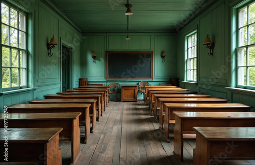 Historic one-room schoolhouse interior with wooden desks arranged rows. Empty classroom with blackboard window, sunlight streaming through windows, creates nostalgic past atmosphere. photo