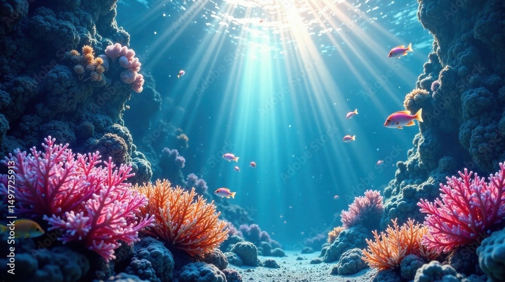 Fototapeta premium Radiant Sunlight Illuminates Vibrant Coral Reef Ecosystem with Colorful Fish