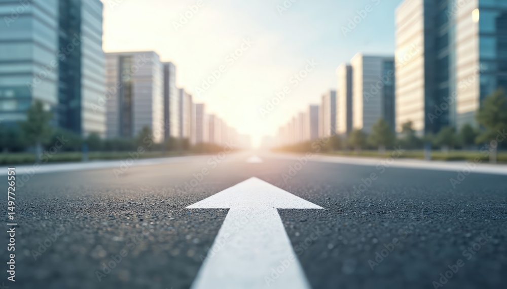 Obraz premium Asphalt road with white arrow leads towards modern city buildings career development business goals, achievements, progress, future. Image represents career planning, financial milestones, target,