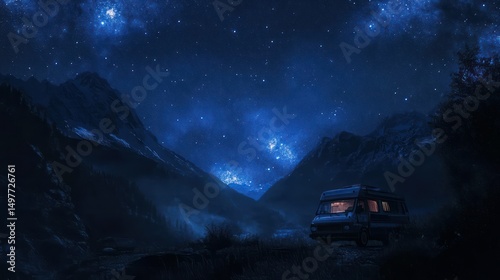 Van parked beneath the stars with mountains in a dreamy, blue-toned landscape
