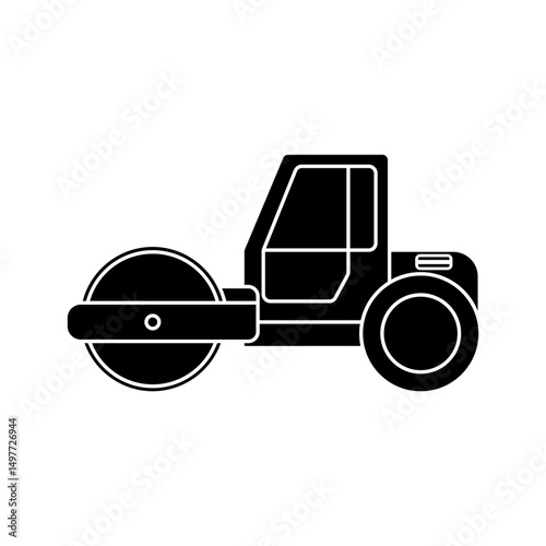 Black silhouette of a road roller with large front and rear rollers. Minimalistic vector illustration, perfect for designs related to road construction, engineering and infographics.