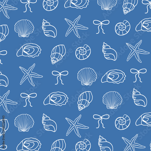 Seamless pattern with hand drawn seashells, starfish, and ribbons. Nautical coastal background. Marine wallpaper with ocean shells and bows. Vintage beach print