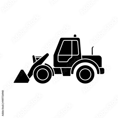 Black silhouette of a construction bulldozer with a front blade. Simple vector icon on a light background. Ideal for infographics, applications and presentations on the topic of construction.