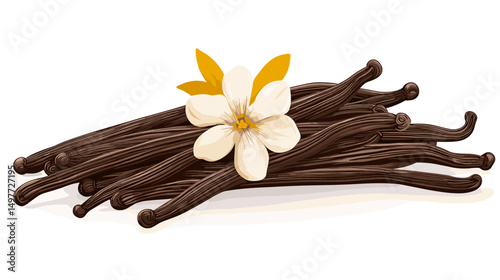 The closeup vanilla flower and beans isolated on white background vector illustration