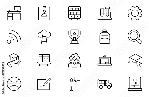Education and Learning Outline icons set. Education, School, Learning, university, textbook.Containing video tuition, e-learning, online courses, educational websites, and digital education icons.