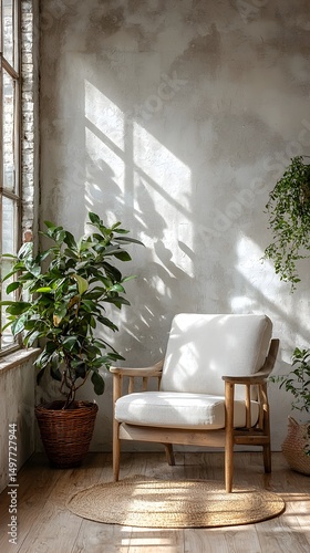 Minimalist Home Decor with Vintage Chair and Potted Plants