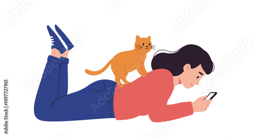 Relaxed Person with Cat on Back Using Smartphone