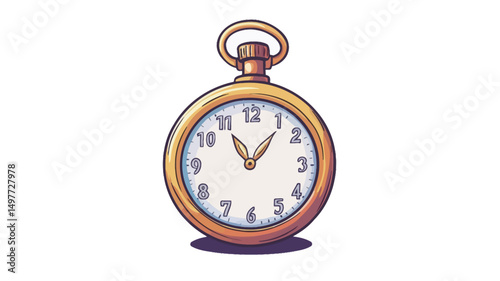 A digital illustration depicts a round, antique-style pocket watch with a gold-colored casing. The watch face is white with black Roman numerals and hands indicating approximately 7:55.